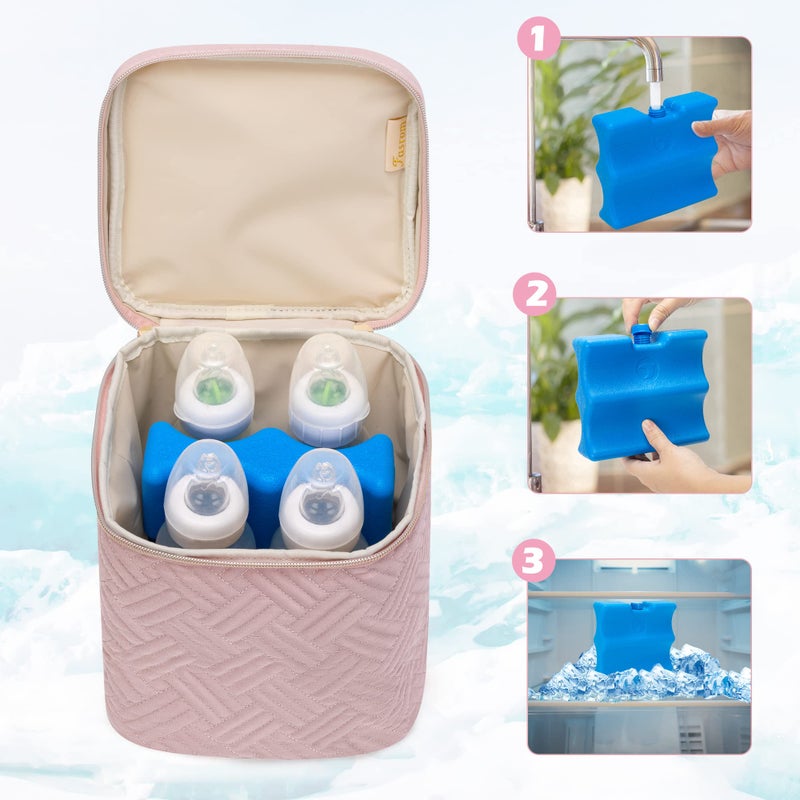 Fasrom Breastmilk Cooler Bag with Ice Pack Fits 4 Large Baby Bottles up to 9 Ounce, Insulated Baby Bottle Bag for Nursing Moms Daycare or Travel, Easily Attaches to Stroller, Pink (Patent Design) - Image 2